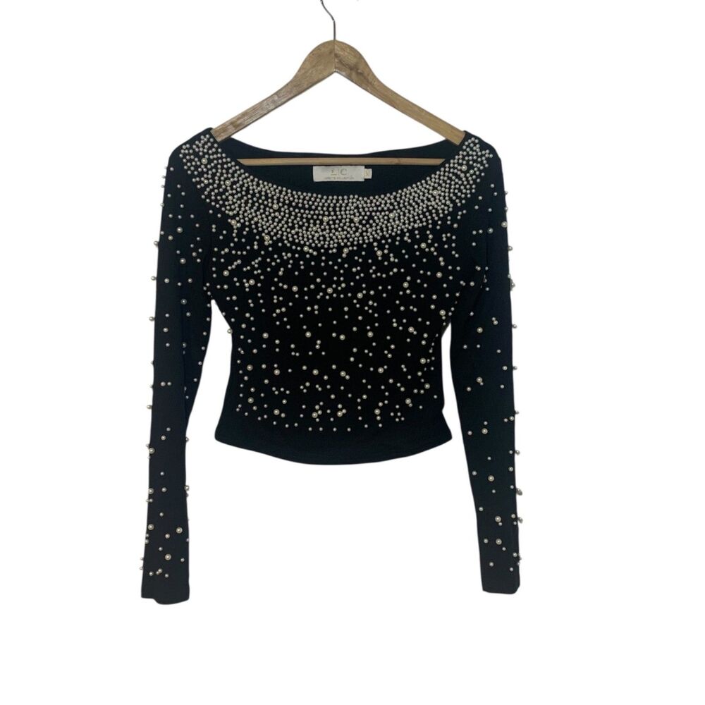 Lizette Collection Black Womens Pearl Embellishment Glam Chic Top M Party Date